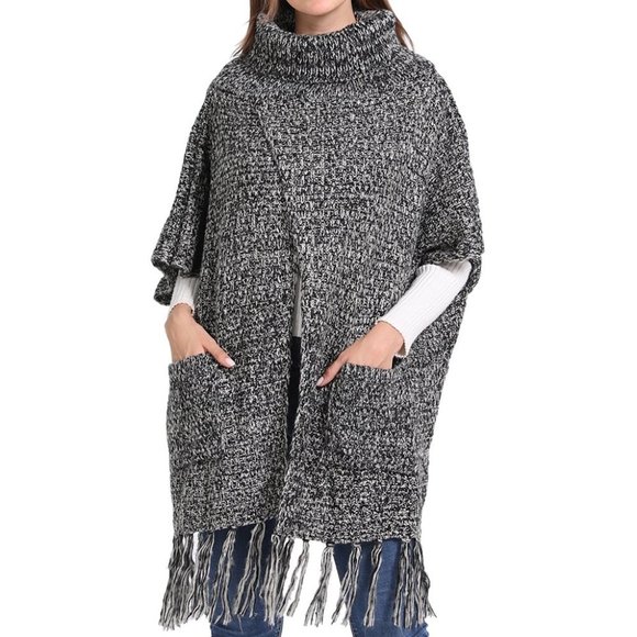 *NWOT* Beautifully Crafted Tassel-Trim Turtleneck Knit Poncho (with Pockets!) - Picture 2 of 16